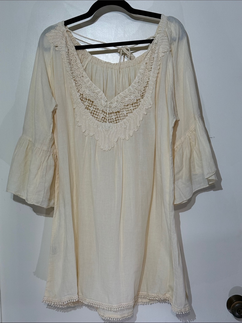 Women’s Cream Crochet-Trim Bell Sleeve Dress  Top/ Cover up/ Nightgown